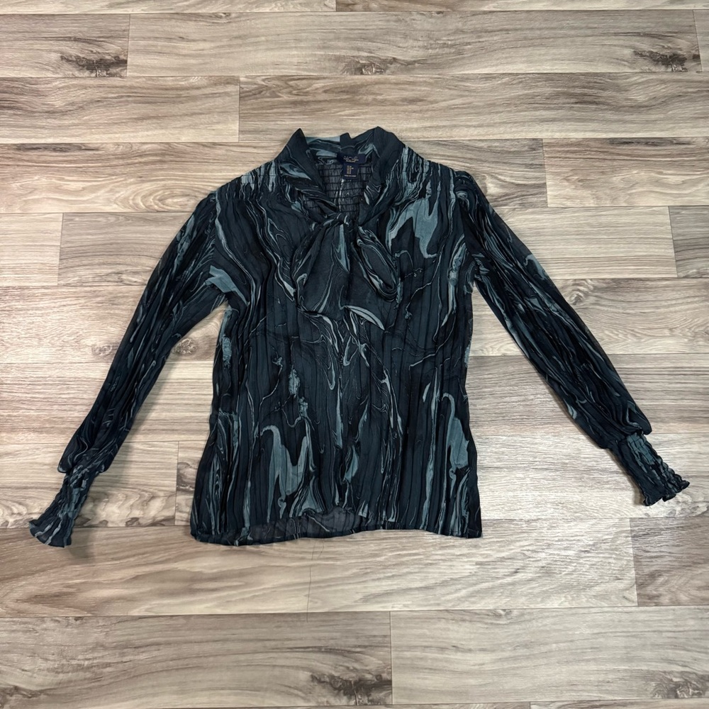 Rachel Roy Teal Black Marble Print Pleated Tie Neck Blouse Size Medium